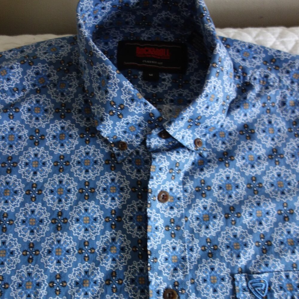 ROCK & ROLL Denim – Classic Fit Western Print Blue Short Sleeve Button Shirt – M